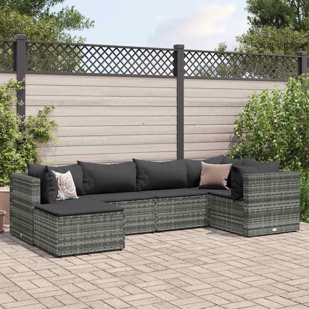 loungesæt til haven 6 dele med hynder polyrattan grå