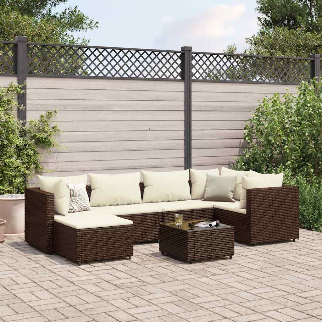 loungesæt til haven 7 dele med hynder polyrattan brun