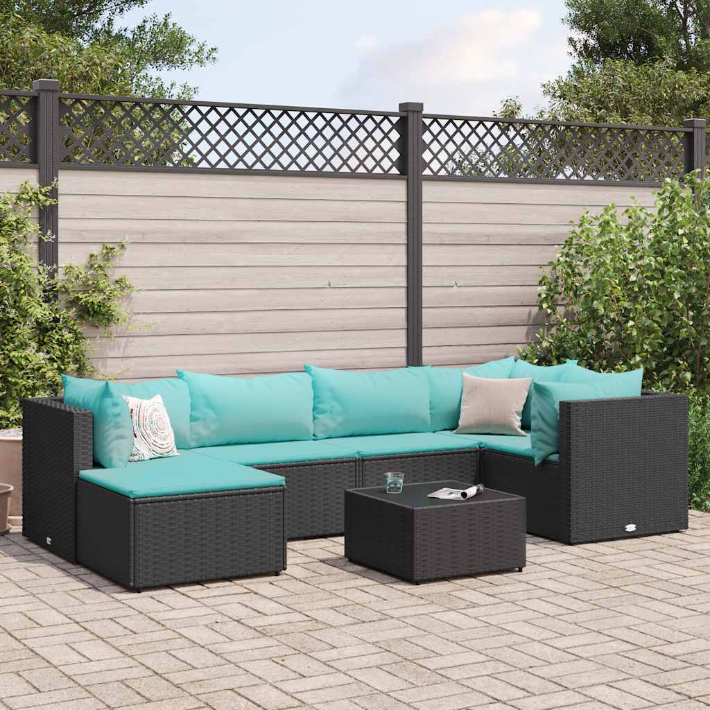 loungesæt til haven 7 dele med hynder polyrattan sort