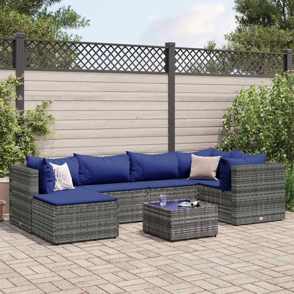 loungesæt til haven 7 dele med hynder polyrattan grå