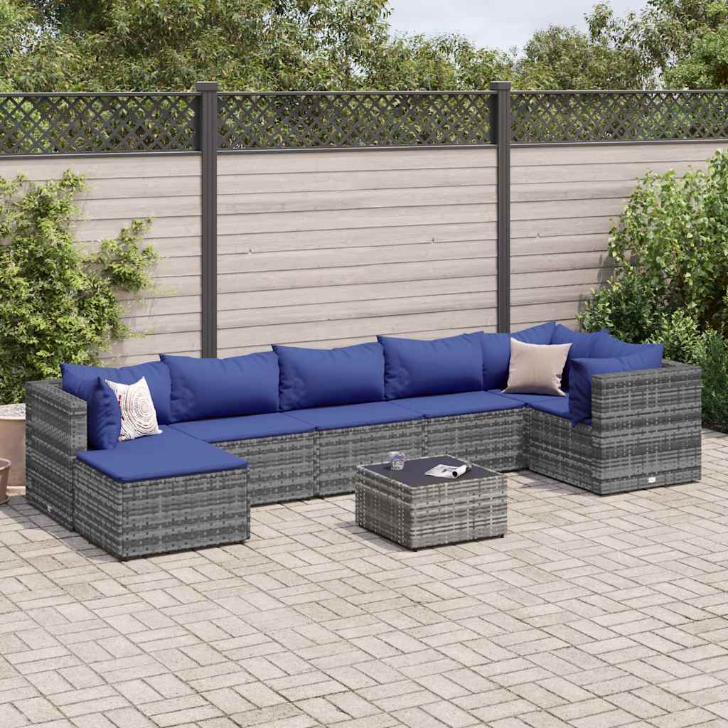 loungesæt til haven 8 dele med hynder polyrattan grå