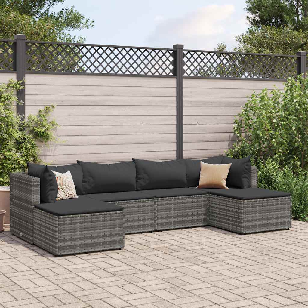 loungesæt til haven 6 dele med hynder polyrattan grå