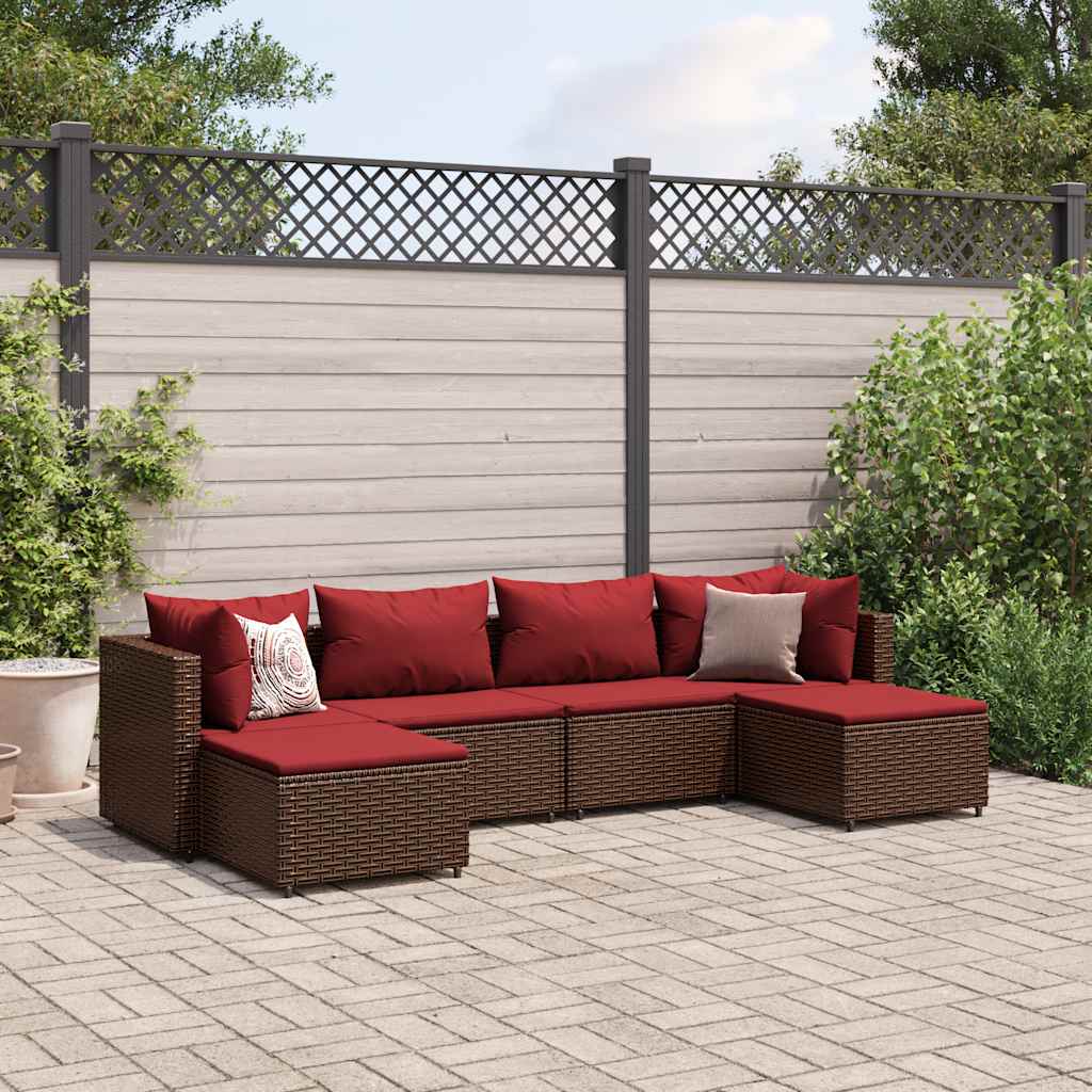 loungesæt til haven 6 dele med hynder polyrattan brun