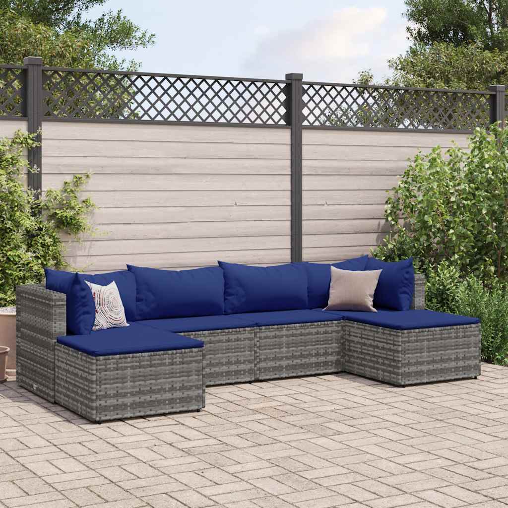 loungesæt til haven 6 dele med hynder polyrattan grå