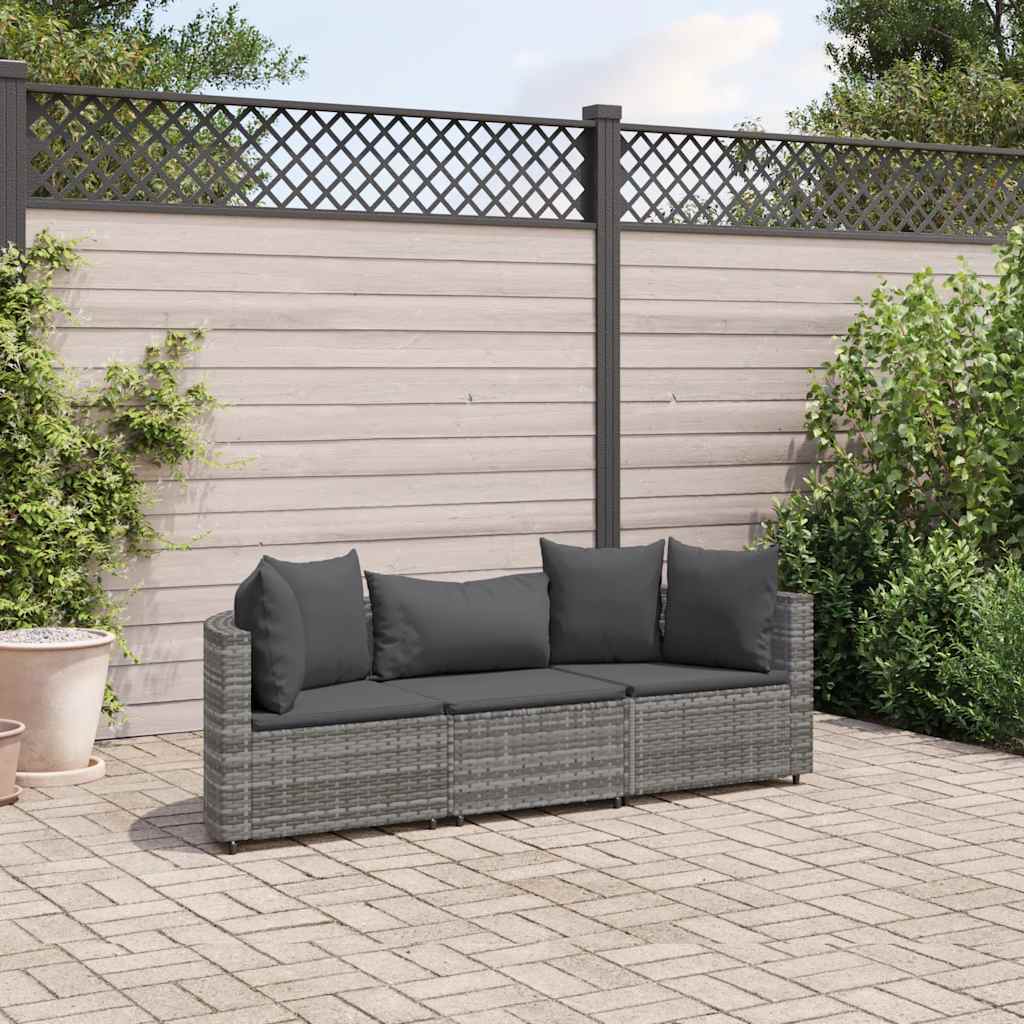 havesofasæt 3 dele med hynder polyrattan grå