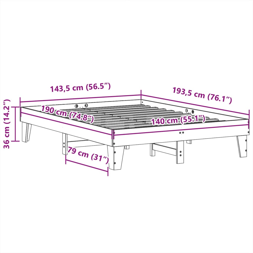 sengeramme uden madras 140x190 cm massivt fyrretræ hvid