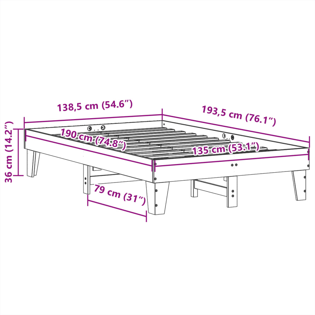 sengeramme uden madras 135x190 cm massivt fyrretræ hvid