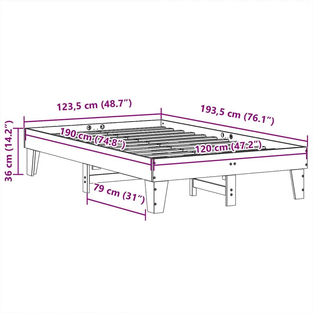 sengeramme uden madras 120x190 cm massivt fyrretræ hvid