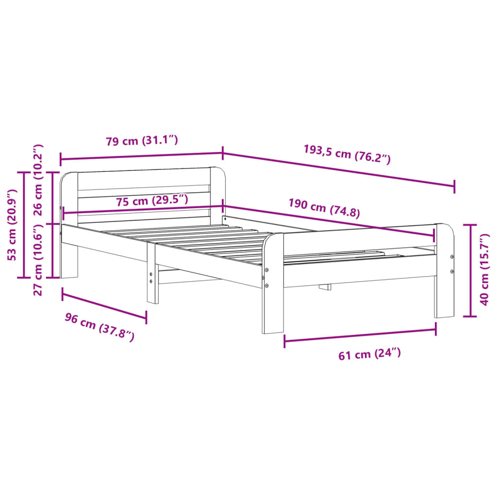 sengeramme uden madras 75x190 cm massivt fyrretræ gyldenbrun