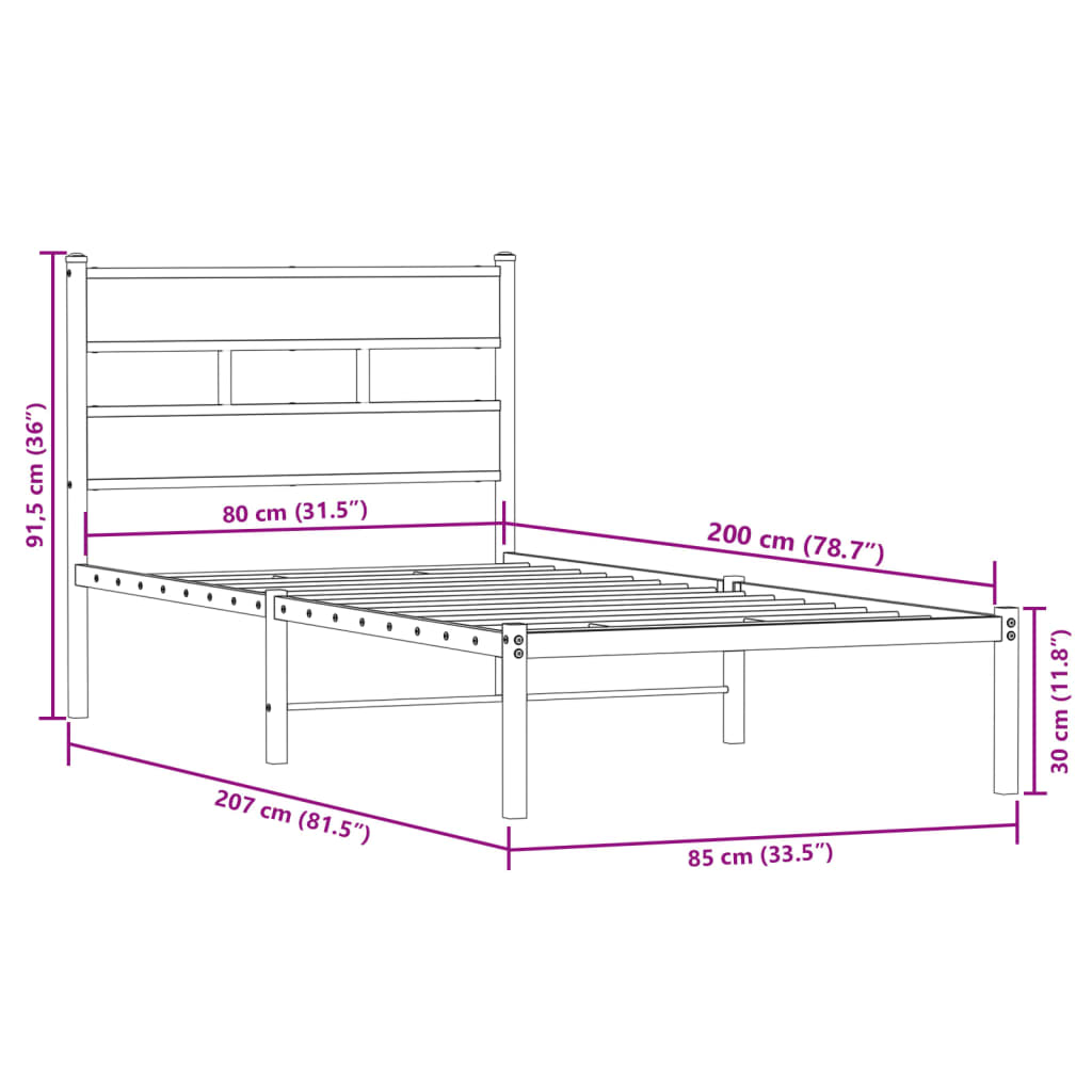 sengeramme uden madras 80x200 cm metal røget egetræsfarve