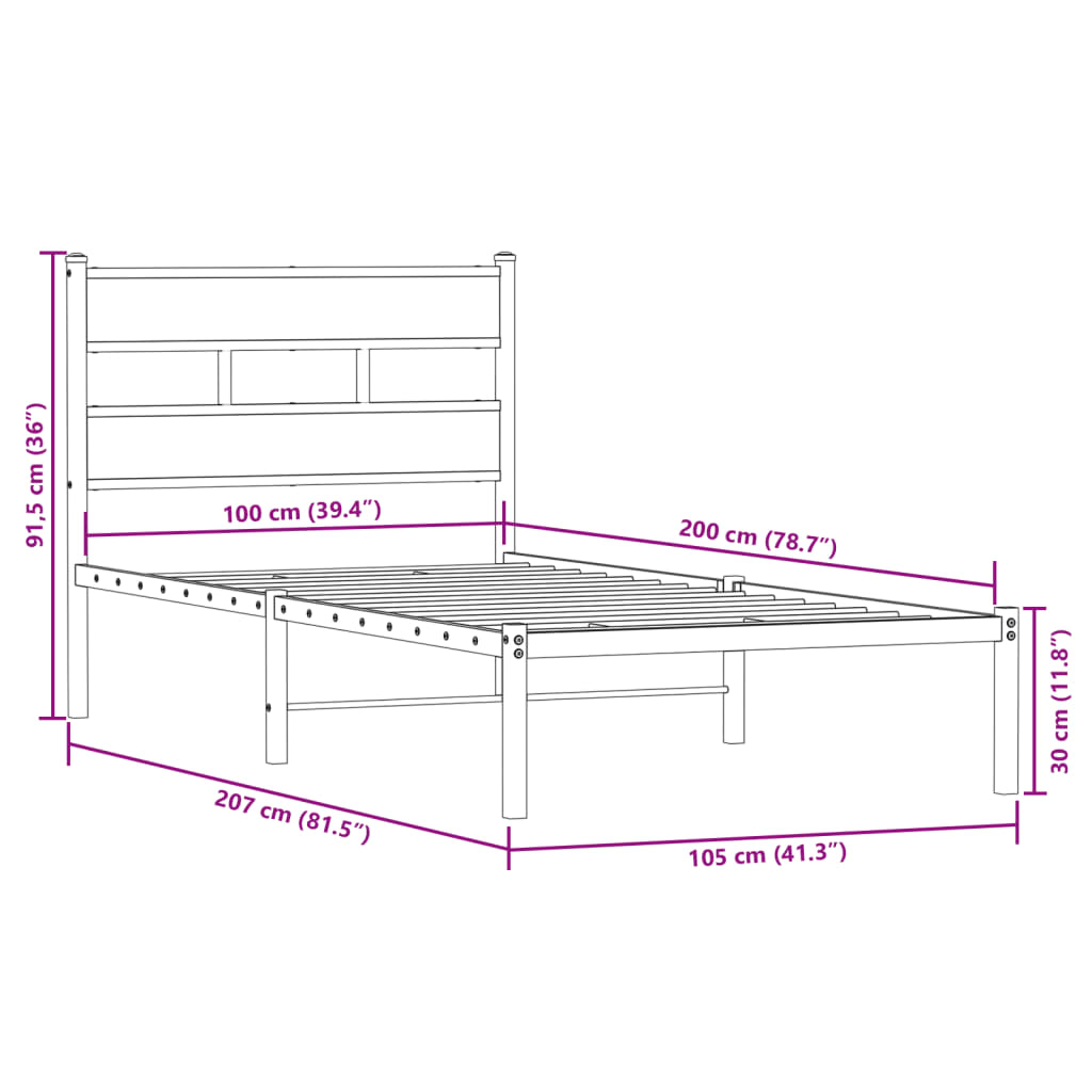 sengeramme uden madras 100x200 cm metal røget egetræsfarve