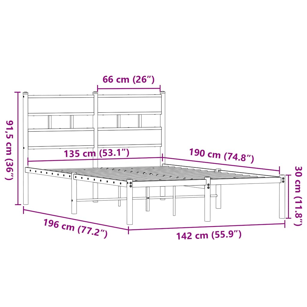 sengeramme uden madras 135x190 cm metal røget egetræsfarve