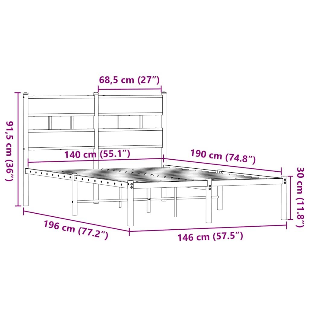 sengeramme uden madras 140x190 cm metal røget egetræsfarve