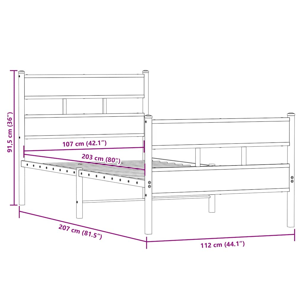 sengeramme uden madras 107x203 cm metal røget egetræsfarve