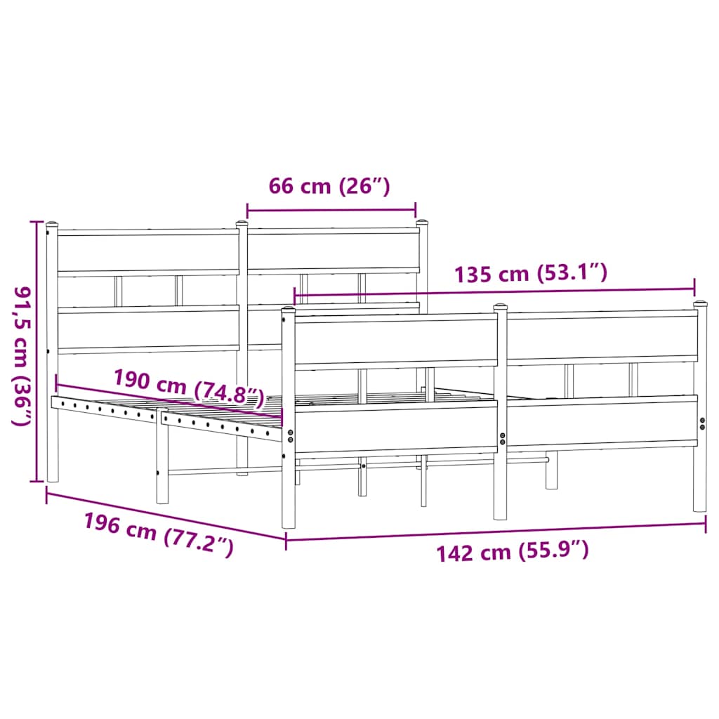 sengeramme uden madras 135x190 cm metal røget egetræsfarve