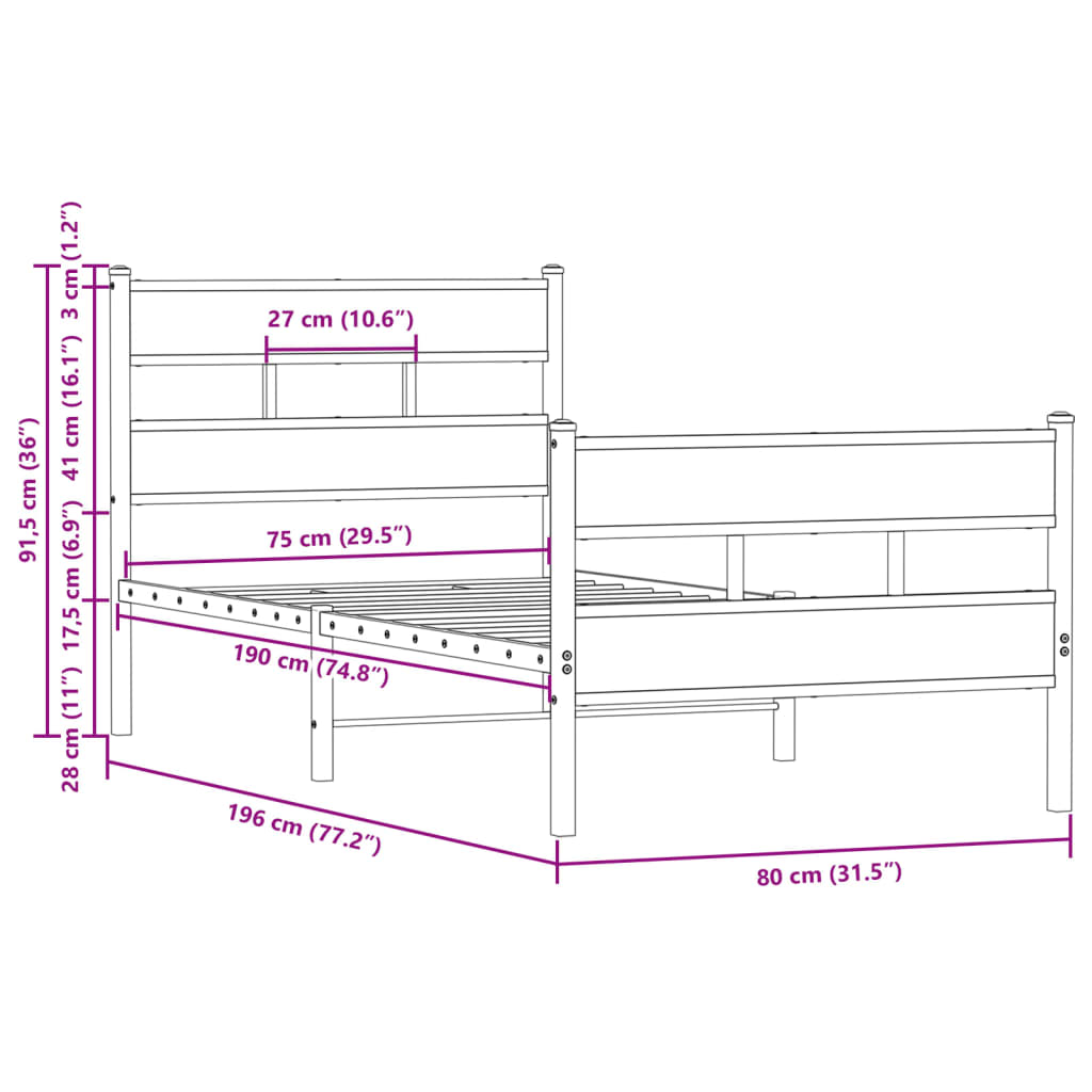 sengeramme m. sengegavl 75x190 cm uden madras brunt eg