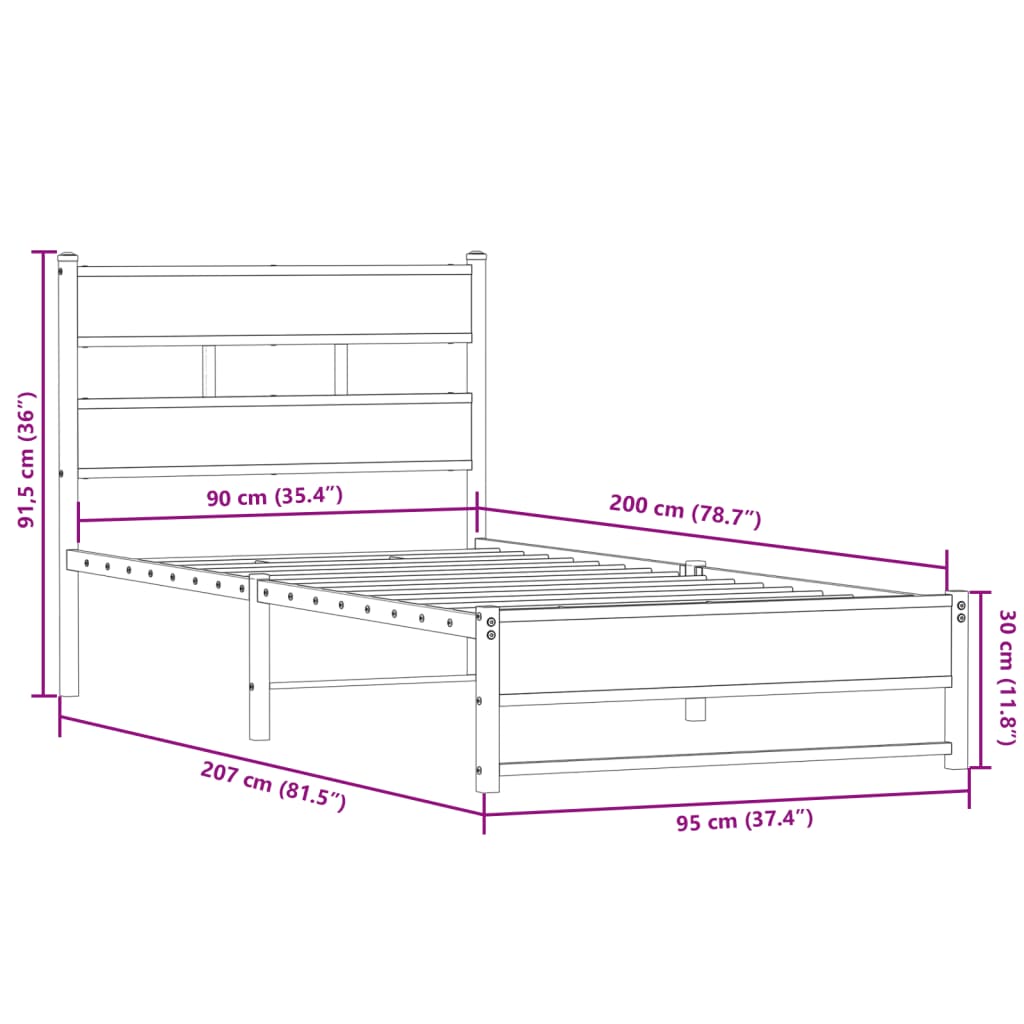 sengeramme uden madras 90x200 cm metal røget egetræsfarve