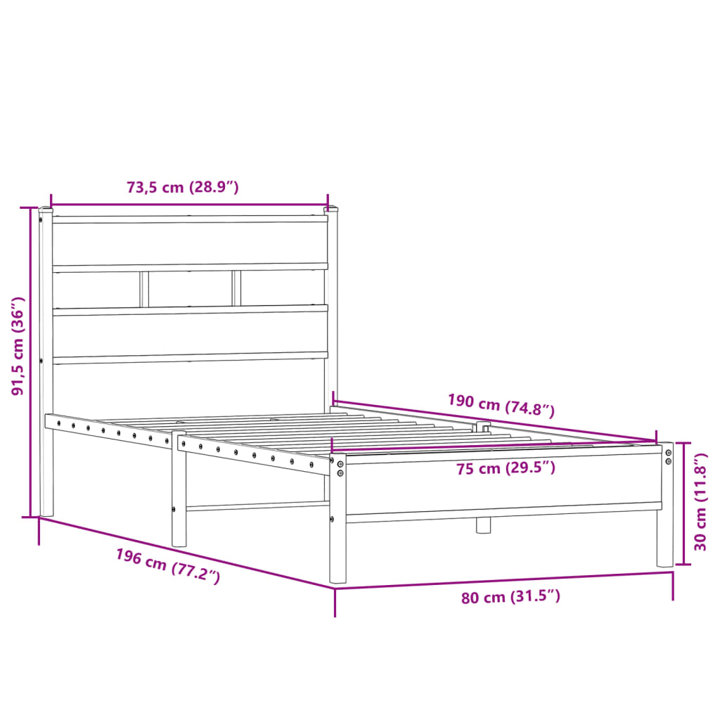 sengeramme 75x190 cm uden madras konstrueret træ sonoma-eg