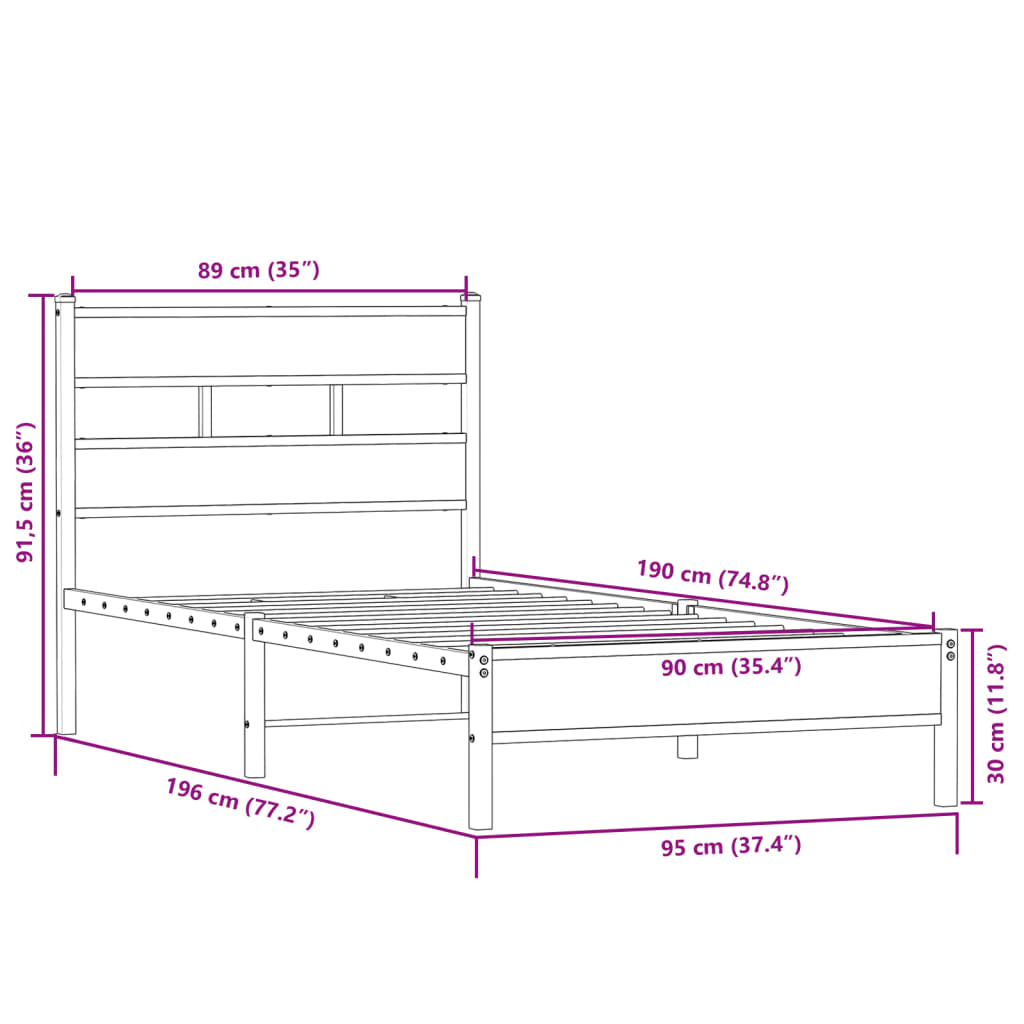 sengeramme 90x190 cm uden madras konstrueret træ sonoma-eg