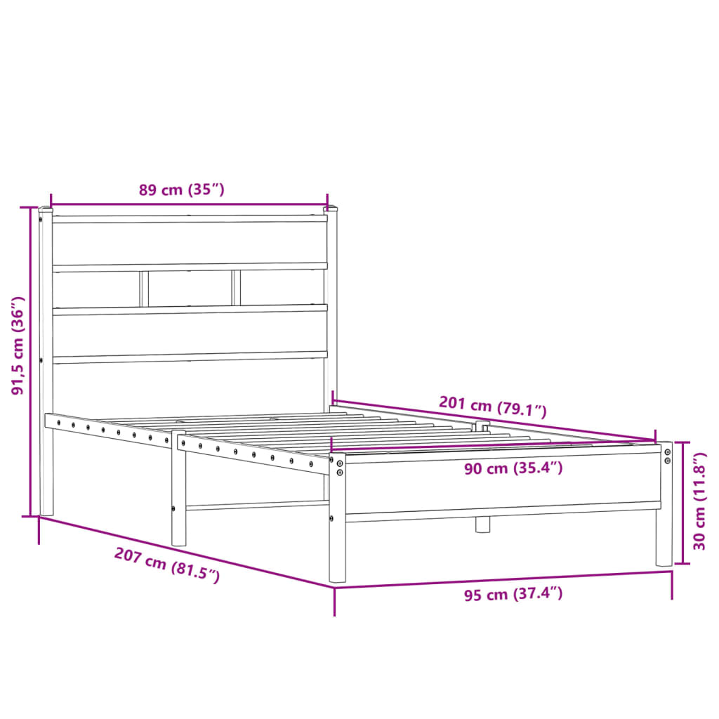 sengeramme 90x200 cm uden madras konstrueret træ sonoma-eg