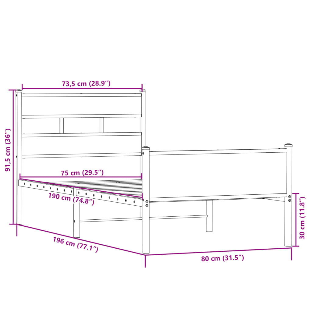 sengeramme 75x190 cm uden madras konstrueret træ sonoma-eg