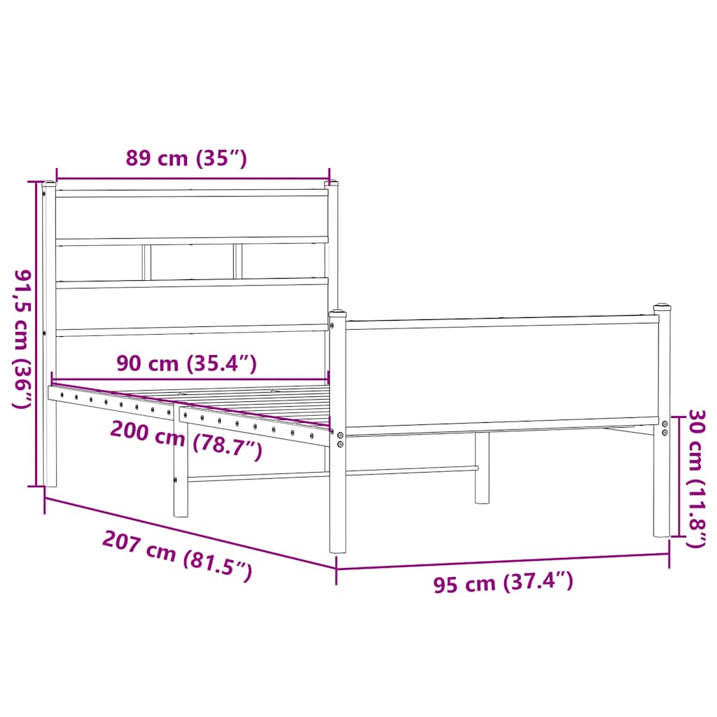 sengeramme 90x200 cm uden madras konstrueret træ sonoma-eg