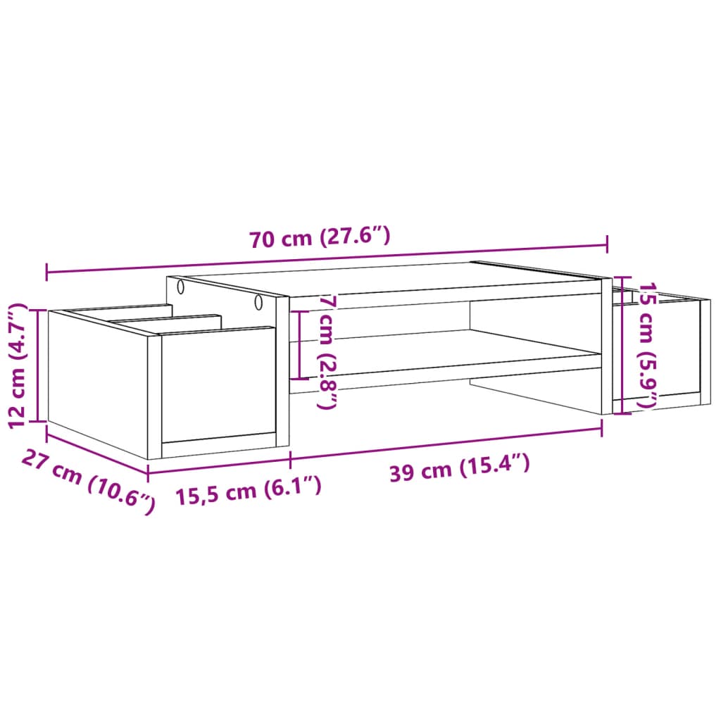 skærmholder med opbevaring 70x27x15 cm konstrueret træ betongrå