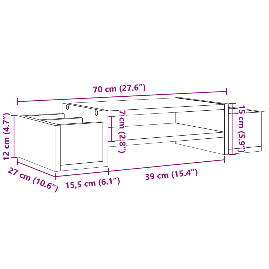 skærmholder med opbevaring 70x27x15 cm konstrueret træ