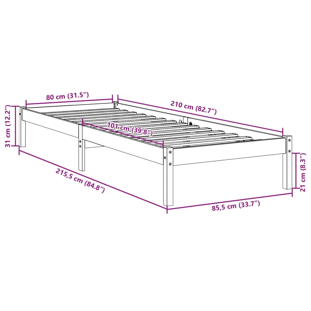ekstra lang sengeramme uden madras 80x210 cm massivt fyrretræ