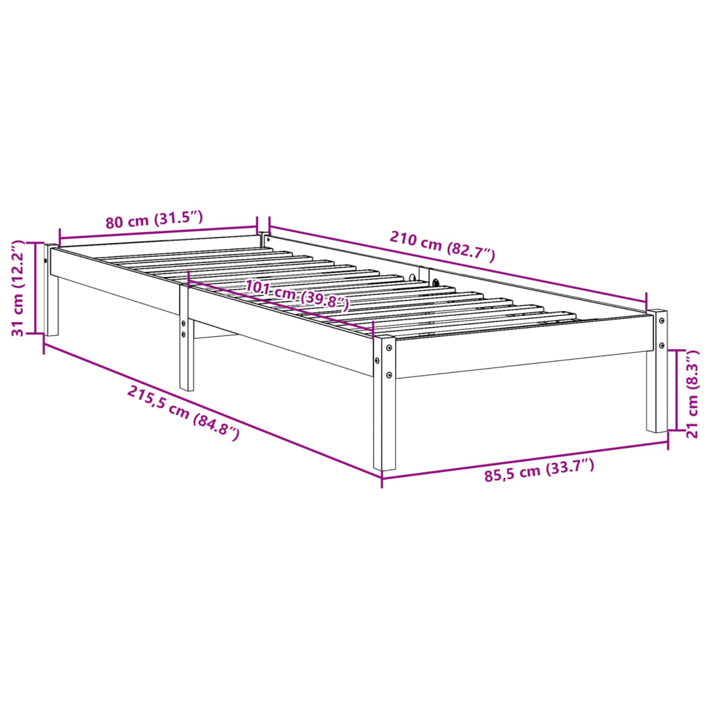 ekstra lang sengeramme uden madras 80x210 cm massivt fyrretræ