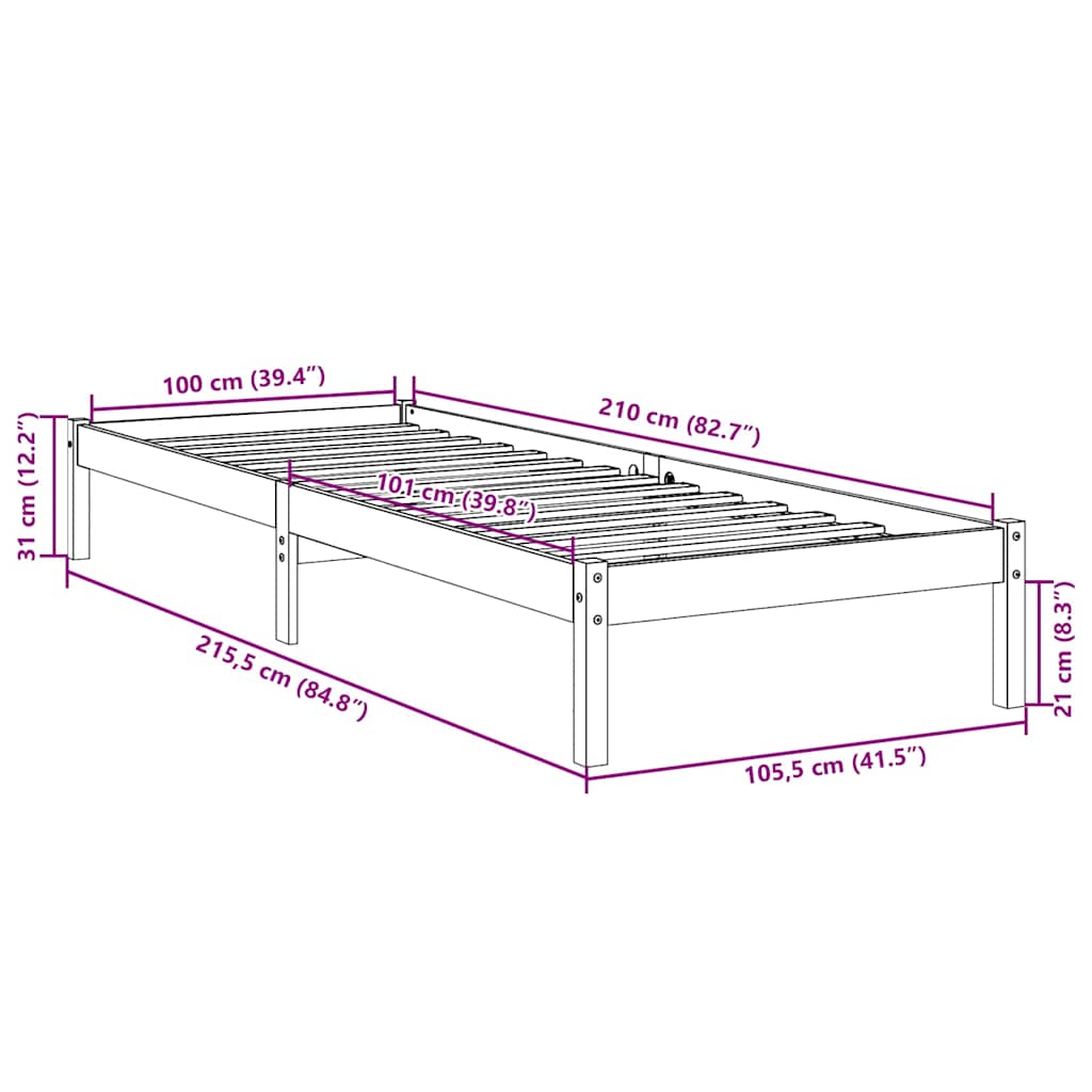 ekstra lang sengeramme uden madras 100x210 cm massivt fyrretræ