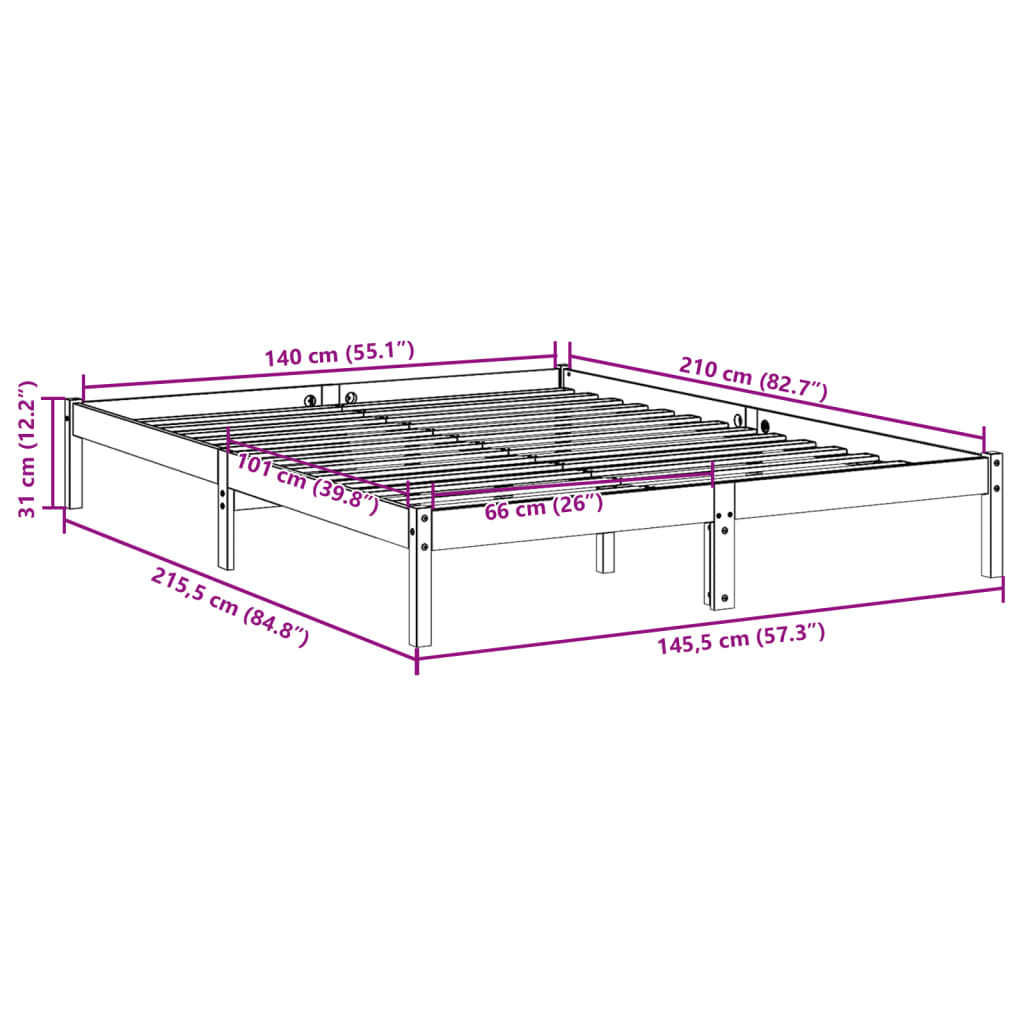 ekstra lang sengeramme uden madras 140x210 cm massivt fyrretræ