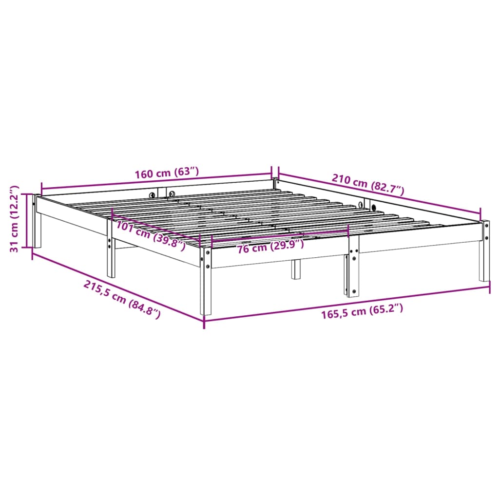 ekstra lang sengeramme uden madras 160x210 cm massivt fyrretræ