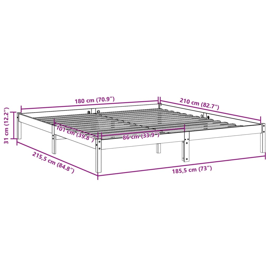 ekstra lang sengeramme uden madras 180x210 cm massivt fyrretræ