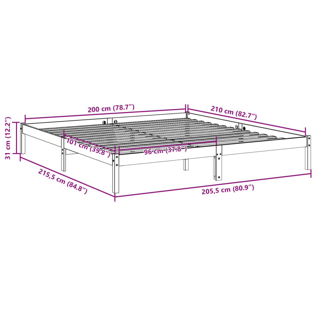 ekstra lang sengeramme uden madras 200x210 cm massivt fyrretræ