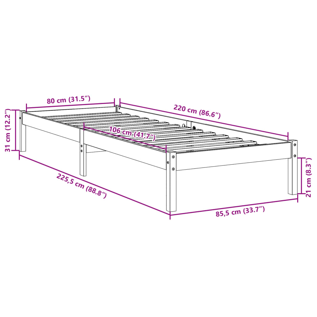 ekstra lang sengeramme uden madras 80x220 cm massivt fyrretræ