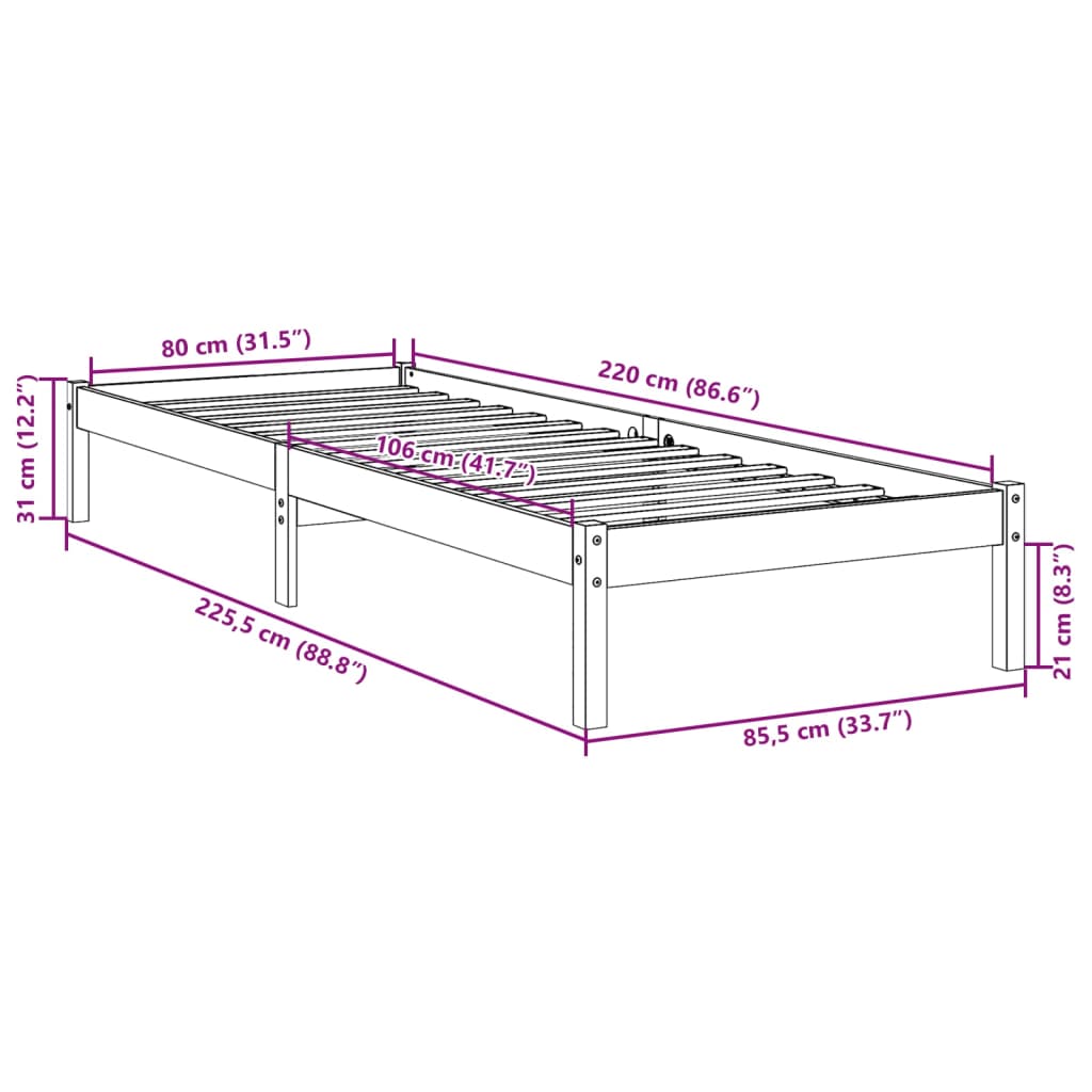 ekstra lang sengeramme uden madras 80x220 cm massivt fyrretræ
