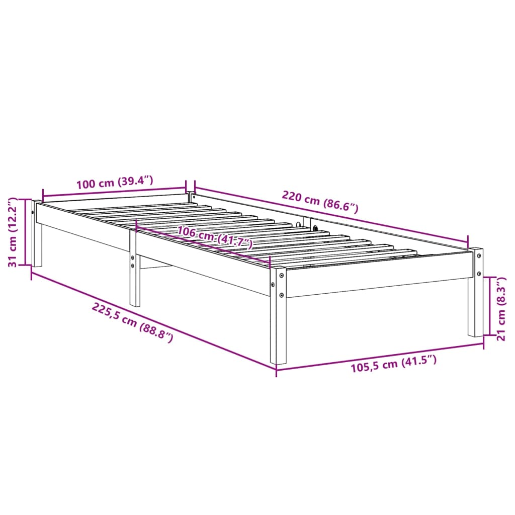 ekstra lang sengeramme uden madras 100x220 cm massivt fyrretræ