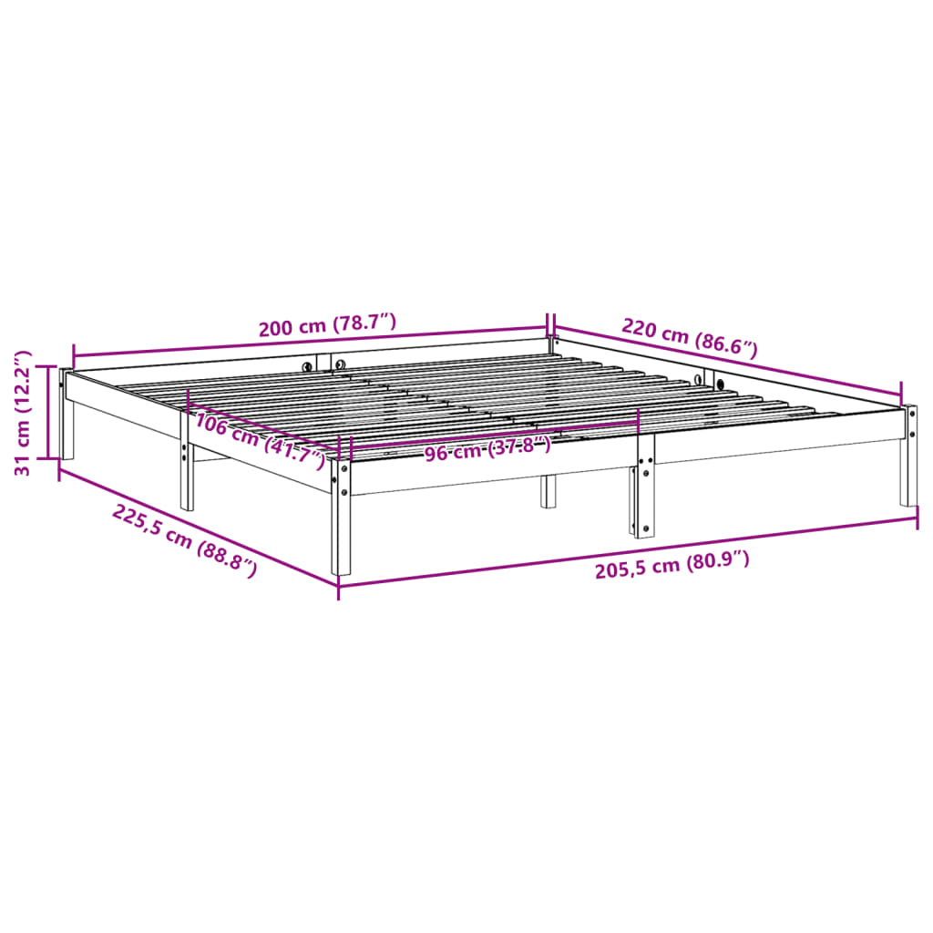 ekstra lang sengeramme uden madras 200x220 cm massivt fyrretræ