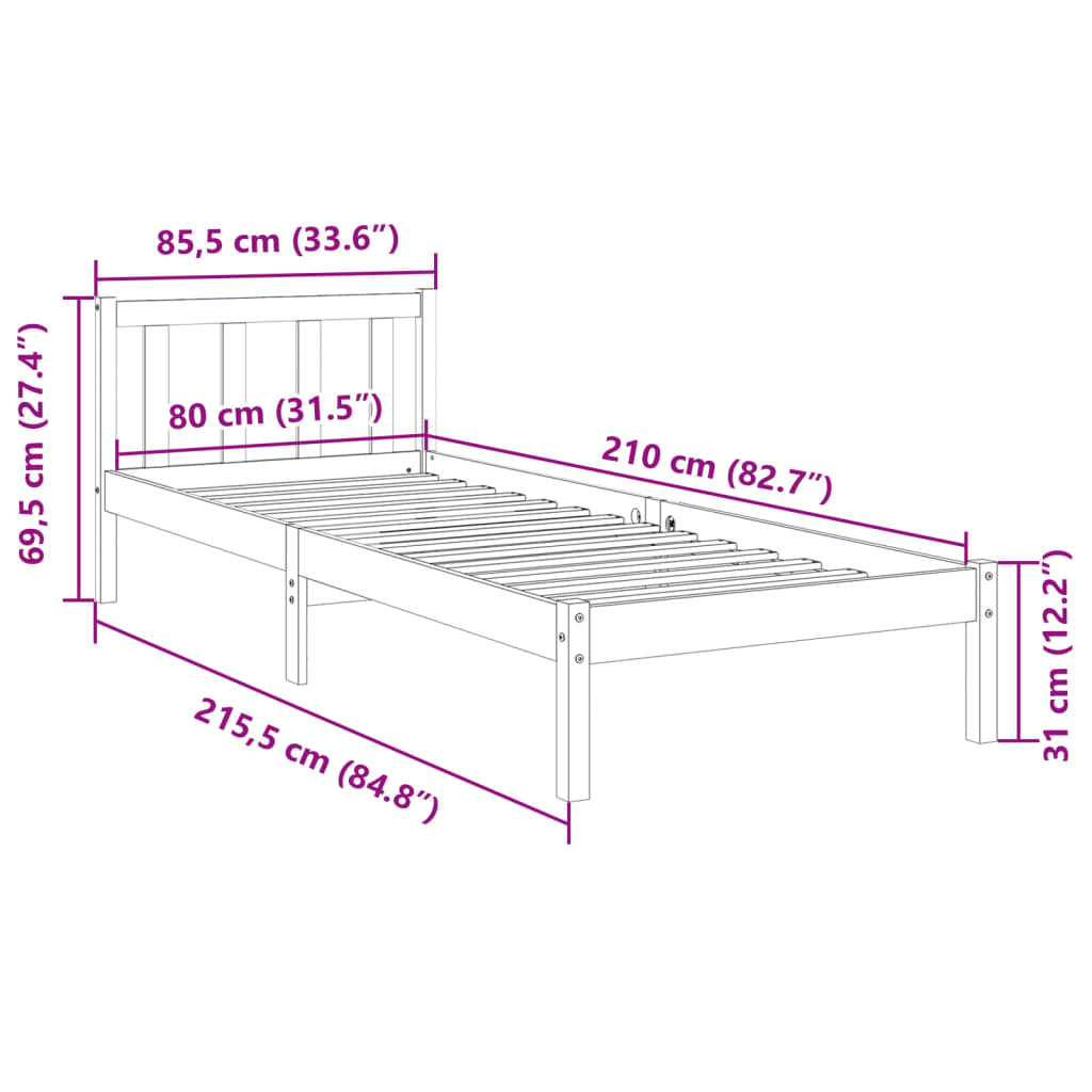 ekstra lang sengeramme uden madras 80x210 cm massivt fyrretræ