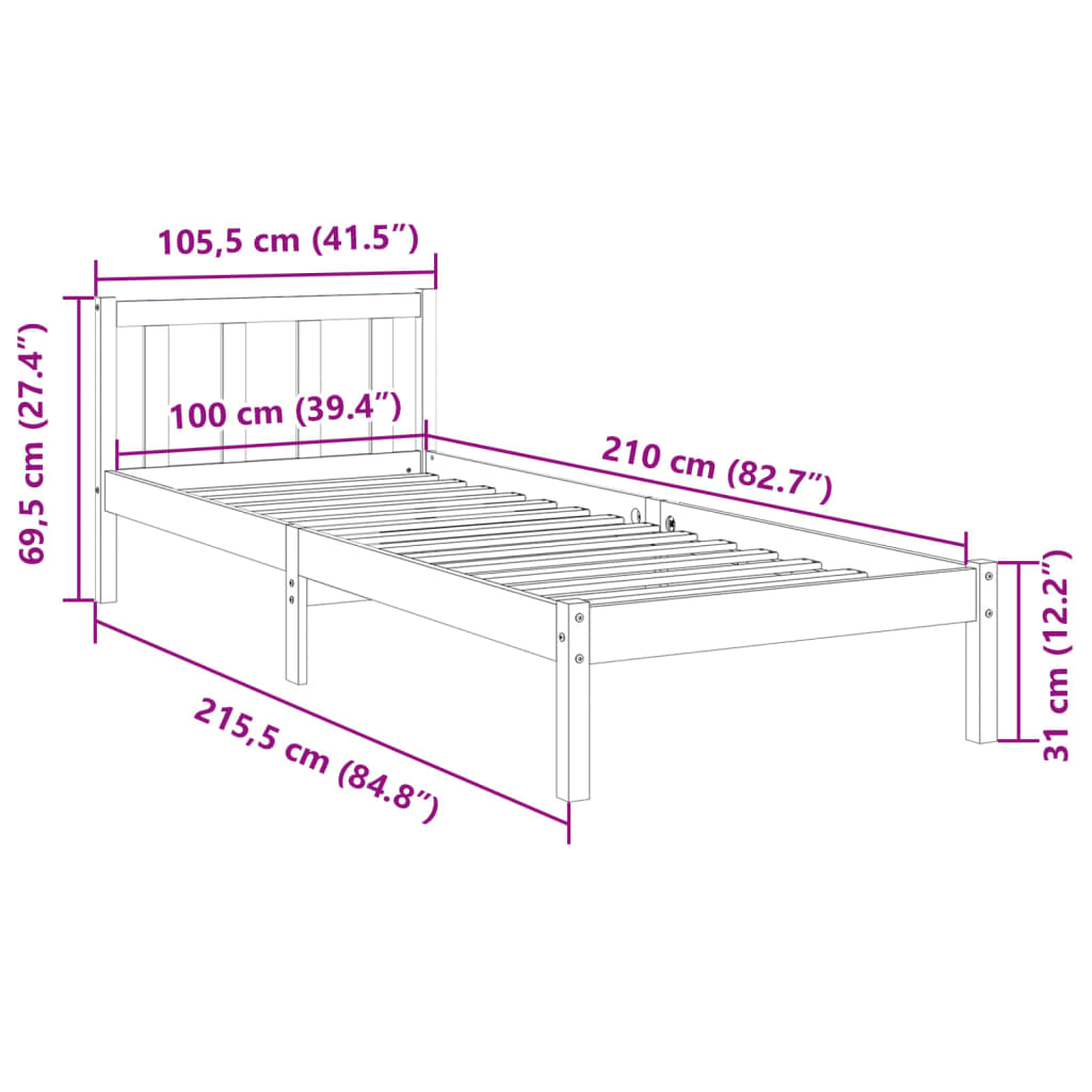 ekstra lang sengeramme uden madras 100x210 cm massivt fyrretræ