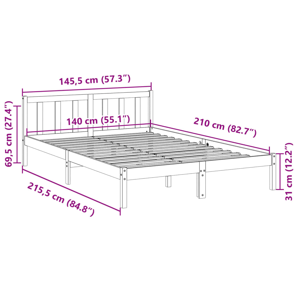 ekstra lang sengeramme uden madras 140x210 cm massivt fyrretræ