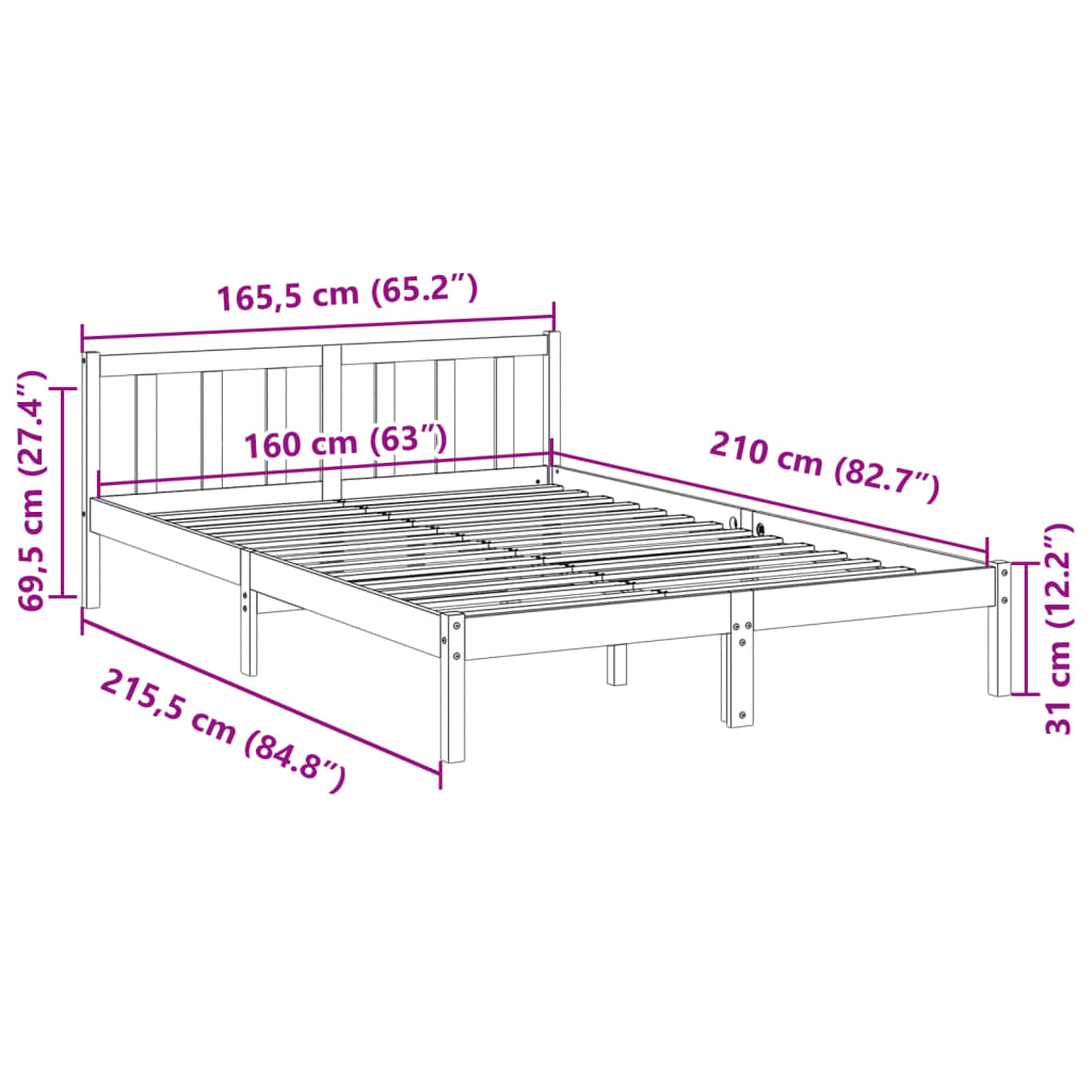 ekstra lang sengeramme uden madras 160x210 cm massivt fyrretræ