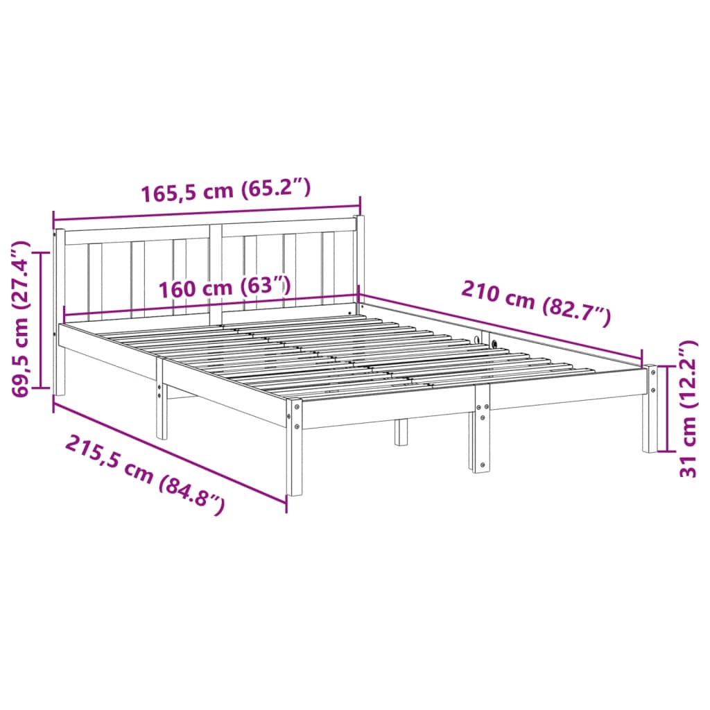 ekstra lang sengeramme uden madras 160x210 cm massivt fyrretræ