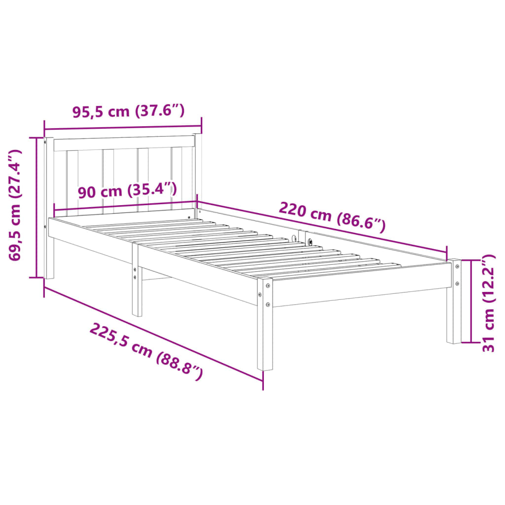 ekstra lang sengeramme uden madras 90x220 cm massivt fyrretræ