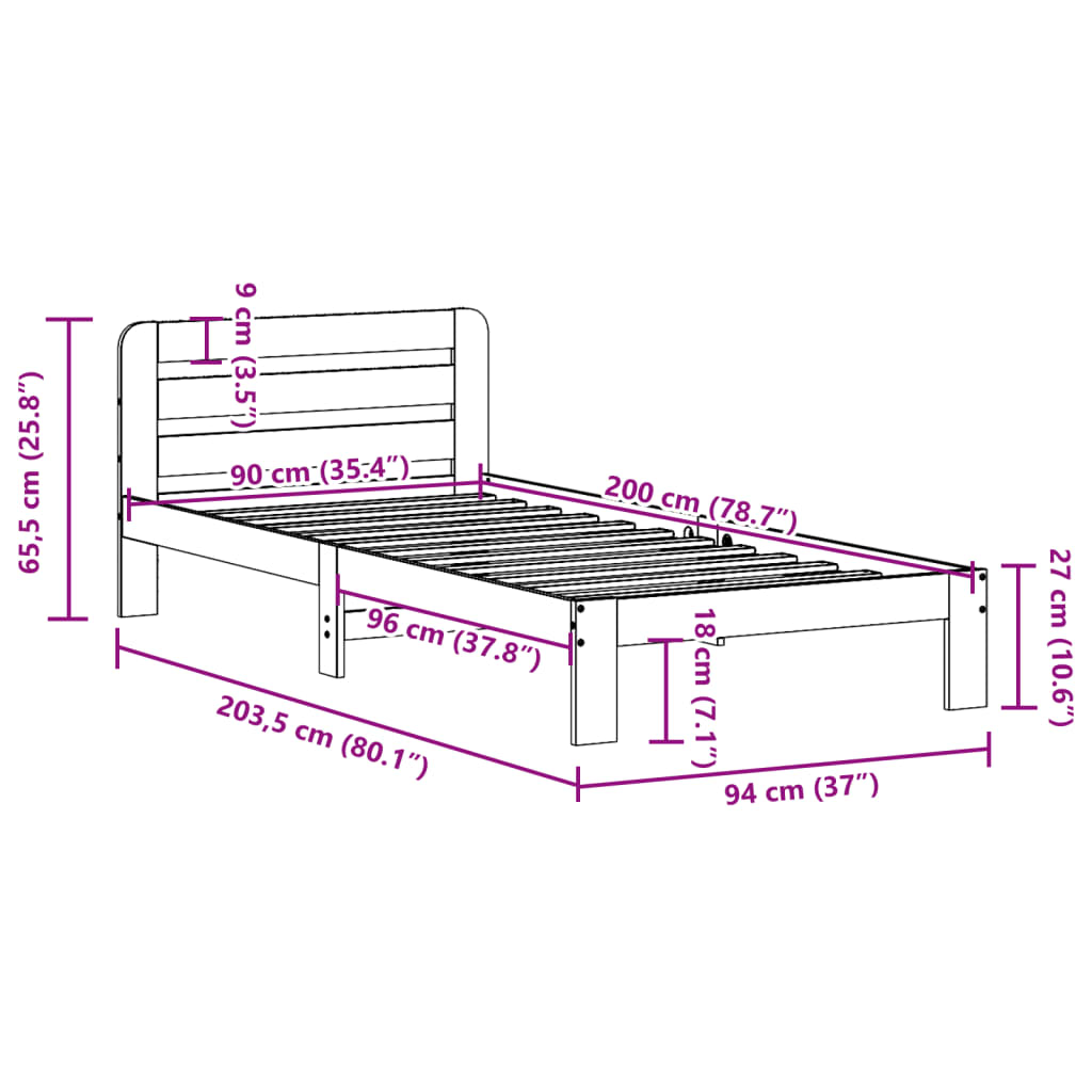 sengeramme uden madras 90x200 cm massivt fyrretræ