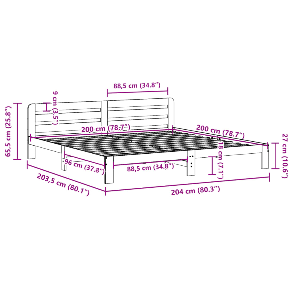sengeramme uden madras 200x200 cm massivt fyrretræ hvid
