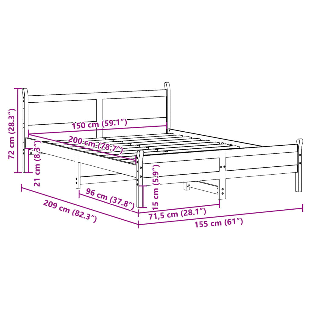 sengeramme uden madras 150x200 cm massivt fyrretræ