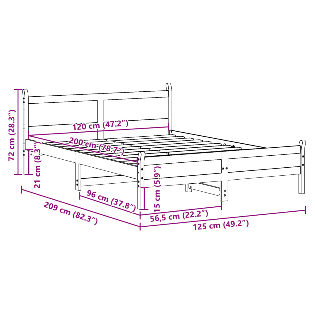 sengeramme uden madras 120x200 cm massivt fyrretræ hvid