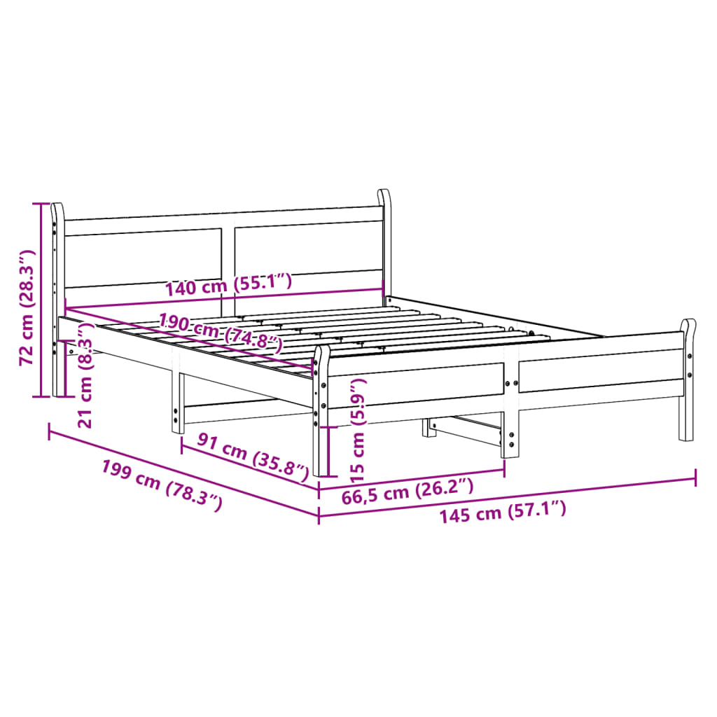 sengeramme uden madras 140x190 cm massivt fyrretræ hvid